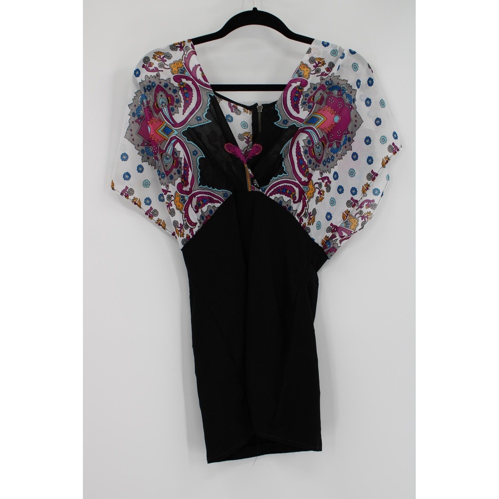 Nicole by Nicole‎ Miller Dress Womens 8 Black Multicolor Boho Print Sheath Zip